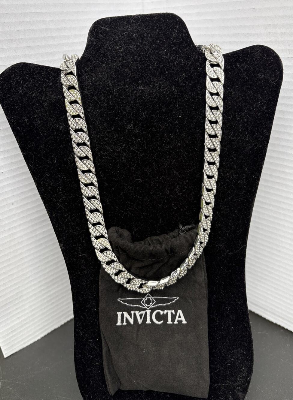 Invicta Elements Mens Iced Out Cuban Chain Necklace Silver Tone Bling 80861 NWT